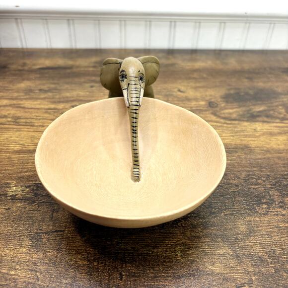 Hand Carved Elephant Drinking Trinket Dish Bowl Jacaranda Wood Sculpture Decor - Picture 4 of 11